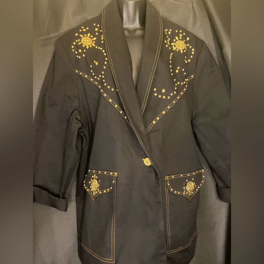 Vintage 80s Sherri Martin Blazer/ Sz 14/ black denim w/ gold stitch and design